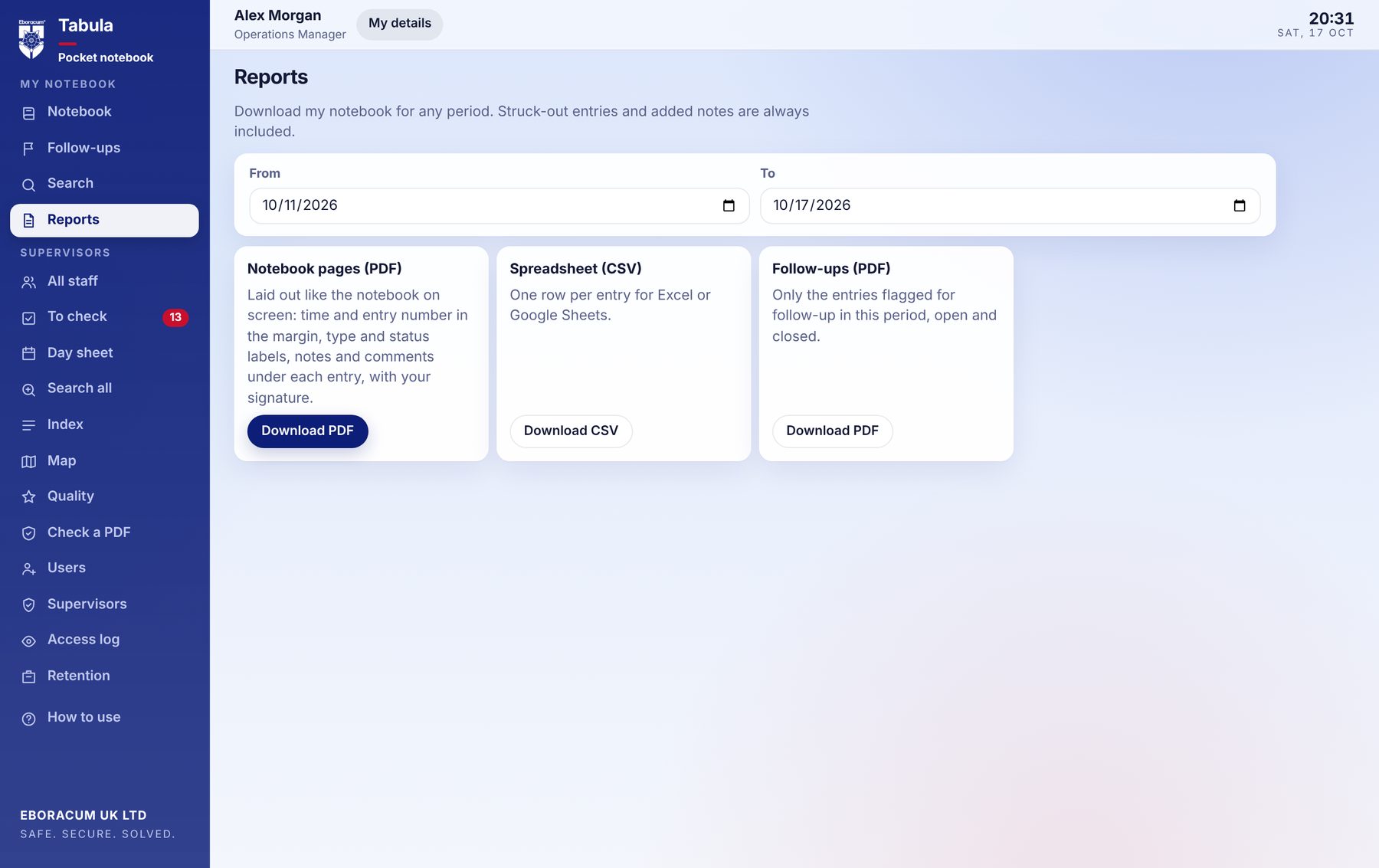 Reports screen