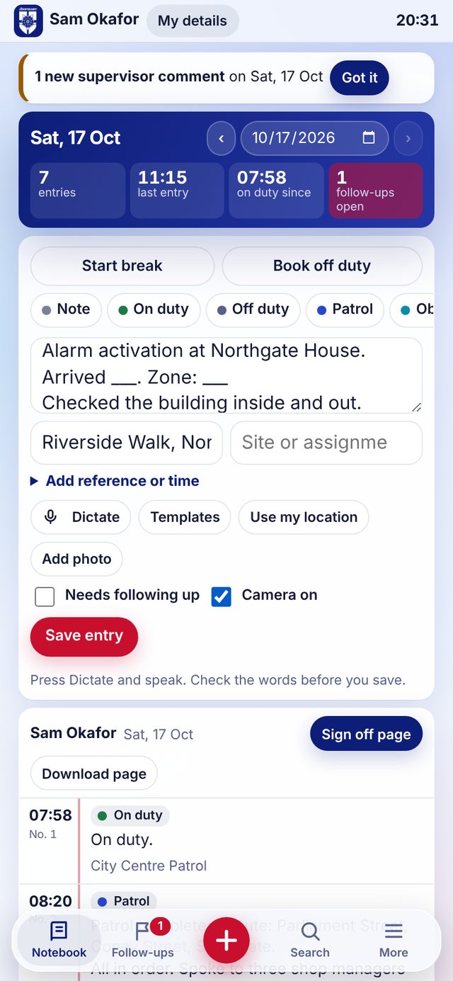 Writing an entry with a template, location filled in and Camera on ticked
