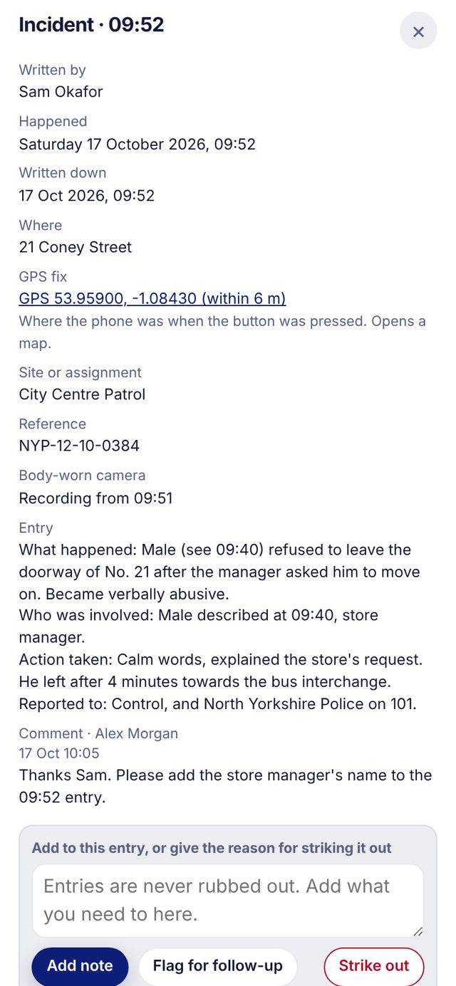An incident entry with GPS, camera time and a supervisor comment