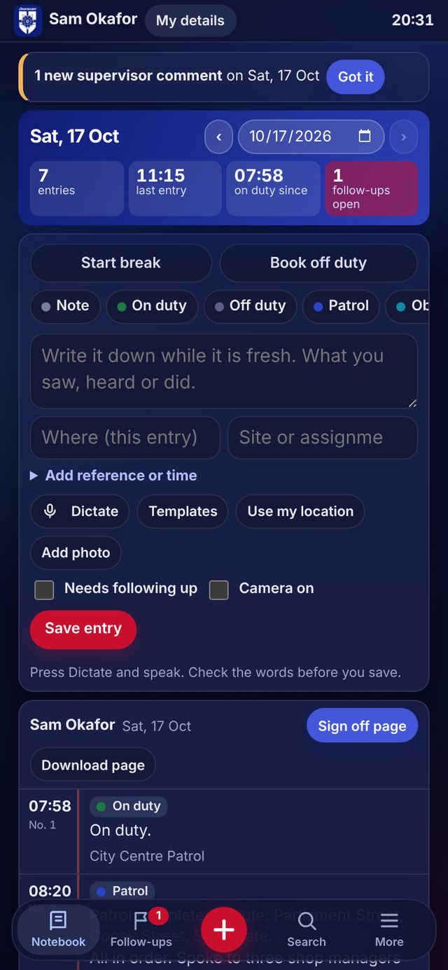 The notebook in night mode