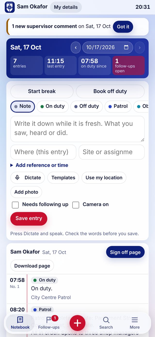 The officer's notebook on a phone, with one-tap duty buttons and the entry box