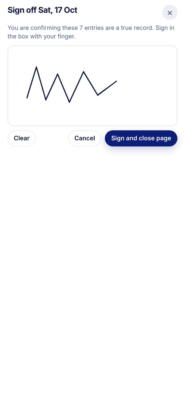 Signing the page with a finger