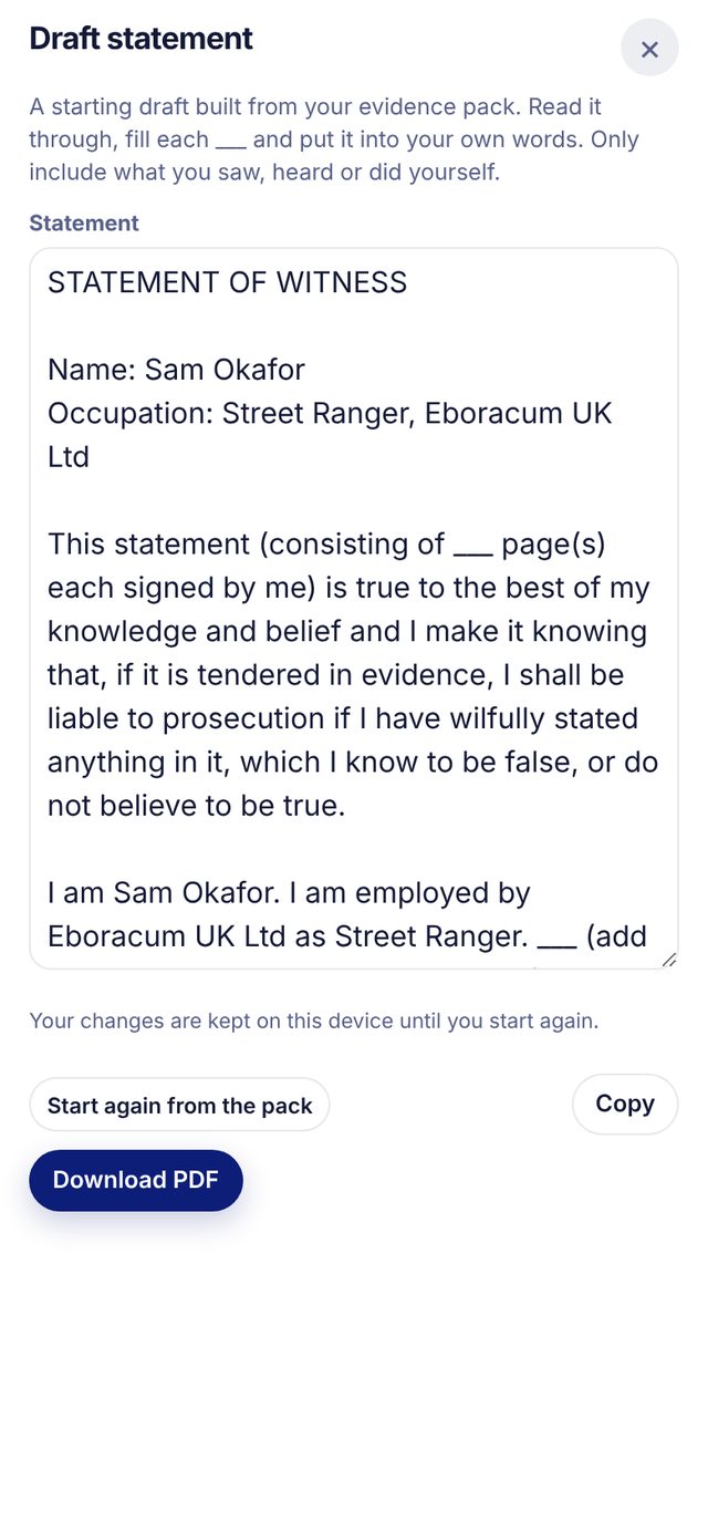 A draft witness statement built from the evidence pack